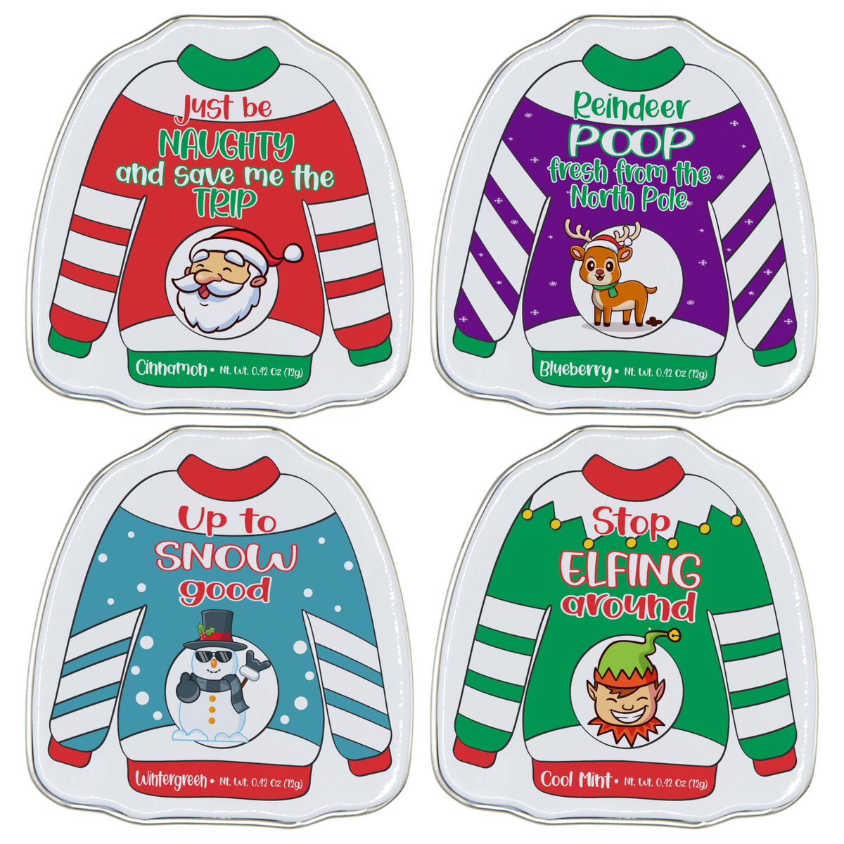 4E's Novelty Humorous "Christmas Poop" Candy Breath Mint Tins, 4 Pack Ugly Sweater Tins Funny Christmas Candy Stocking Stuffer for Kids Teens Adults Boys Girls Unique Funny Gag Gift White Elephant Gift Exchange for Men Women
