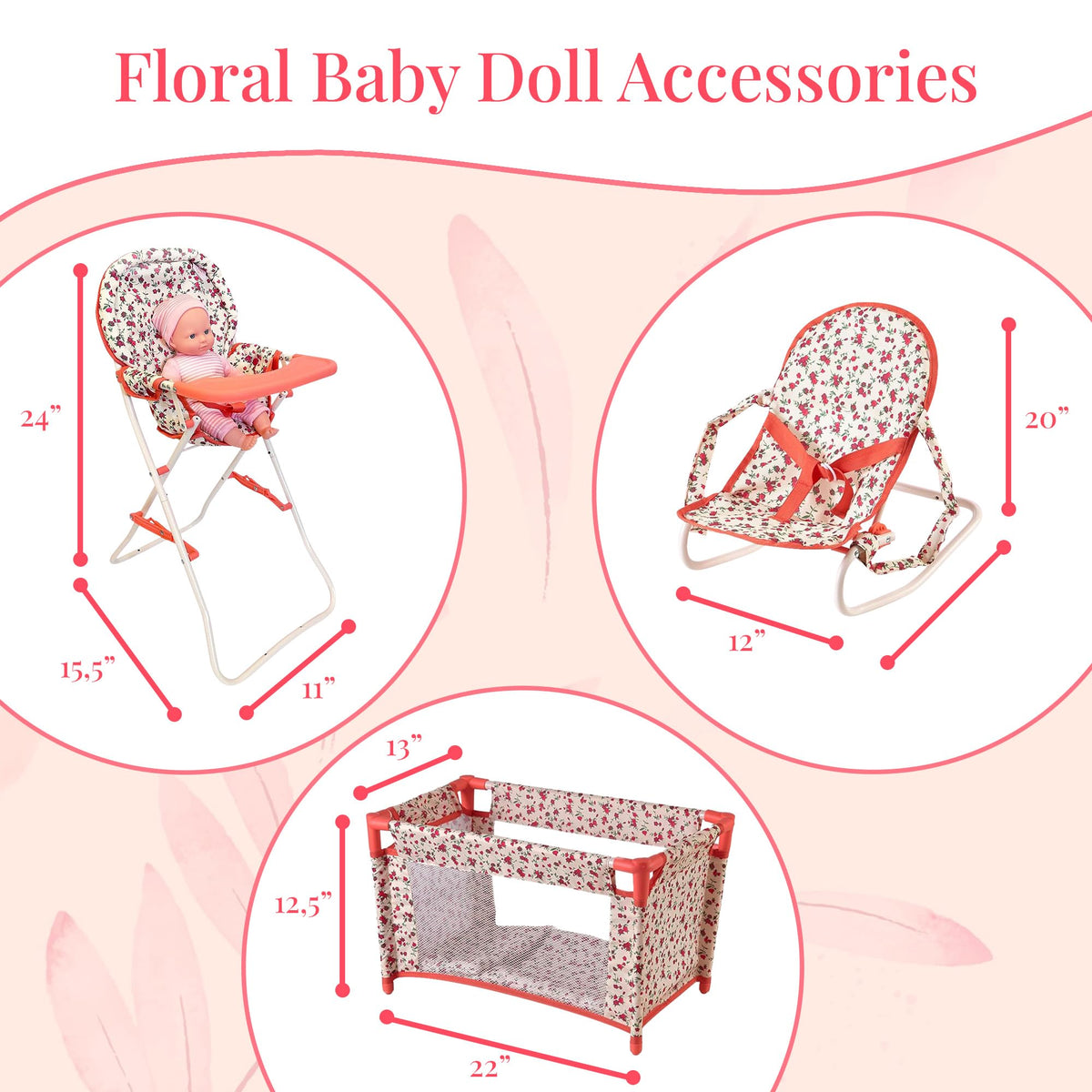 Floral Baby Doll Accessories Set, 3-1 Baby Doll Crib, Baby Doll High Chair & Bouncer Seat. 18 inch Doll Accessories with Doll Bed. 18" Dolls Furniture Play Stuff. Toys for Girls Ages 3-5,4-6,5-7,8-10