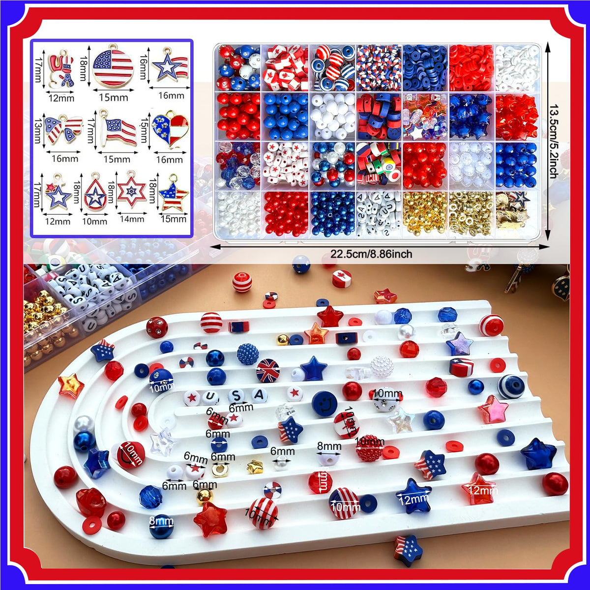 2100Pcs 4th of July Patriotic Beads Kit, Independence Day Bead Red White and Blue Polymer Clay Beads for Bracelets Jewelry Making Acrylic Round Star Letter Loose Beads with USA Patriotic Star Charms