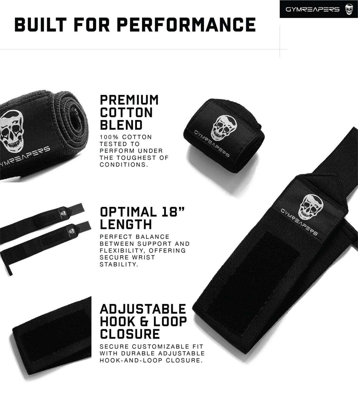 Gymreapers Weightlifting Wrist Wraps (Competition Grade) 18" Professional Quality Wrist Support with Heavy Duty Thumb Loop - Best Wrap for Powerlifting, Strength Training, Bodybuilding(Black,18")