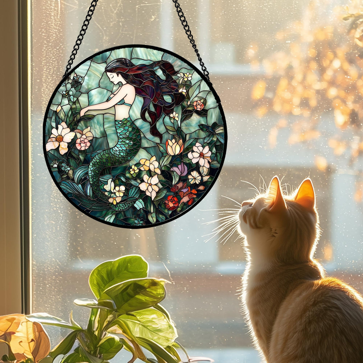 JOSUMALY Stained Glass Window Hanging - Teal Sleeping Mermaid Suncatcher for Door Terrace Garden Home Decor, Sea of Flowers Sun Catcher Birthday Gifts for Lovers Women Men Dad Mom Nana 7.8 in