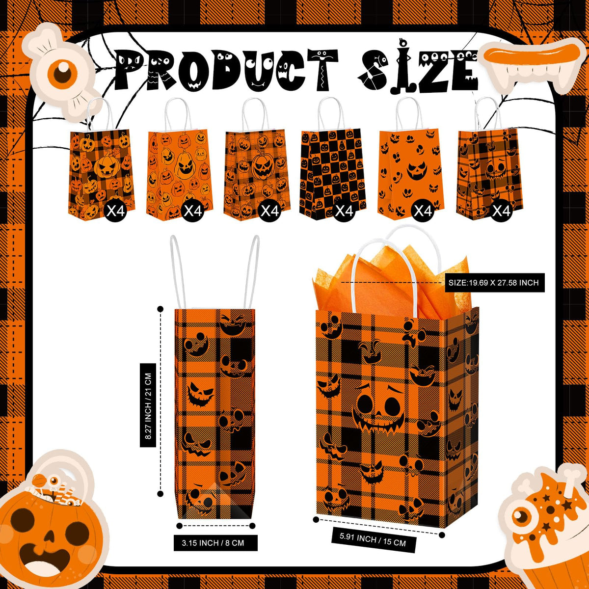 Kolldenn 24 Pcs Halloween Paper Gift Bags with Tissue Paper Pumpkin Goodie Treat Bags with Handles Wrapping Candy Party Favors Bag for Celebration Supplies Decorations
