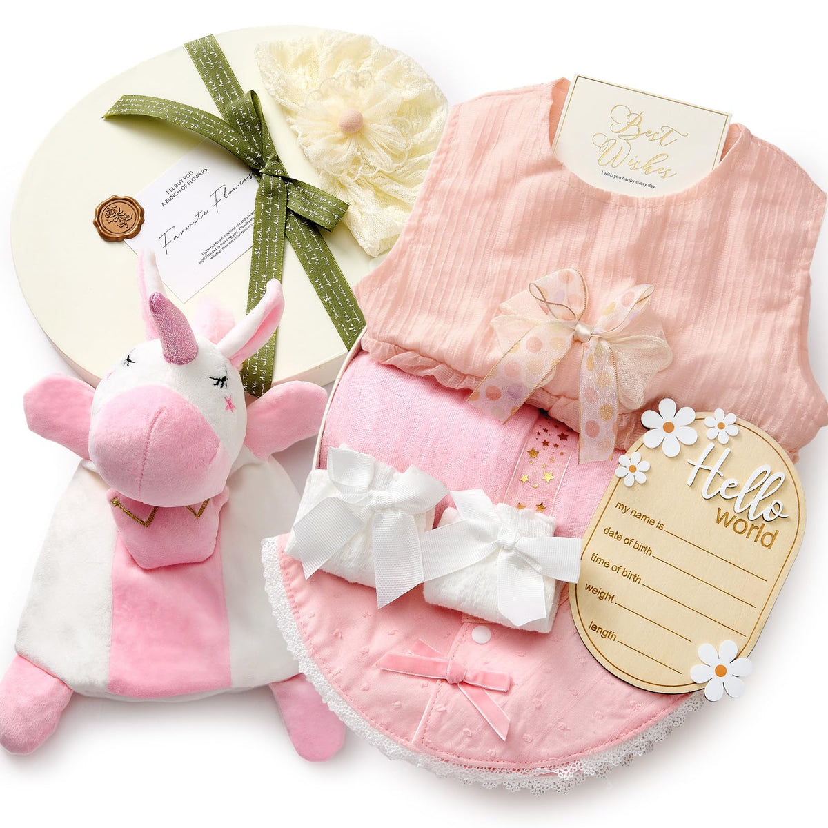 TUZT Newborn Baby Girl Gift Set, 9PCS Baby Shower Gift Box with Onesie Blanket Hand Puppet Milestone Card, New Born Essentials Birthday Present Hospital Homecoming Photography Outfit for Girls