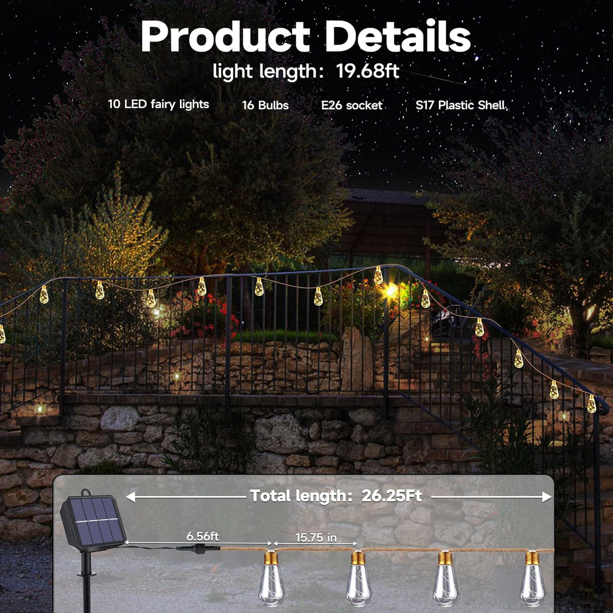 Skiennix Solar Outdoor String Lights - 20Ft Vintage Rope Hemp | Waterproof Warm White with 8 Modes & 16 Shatterproof Bulbs