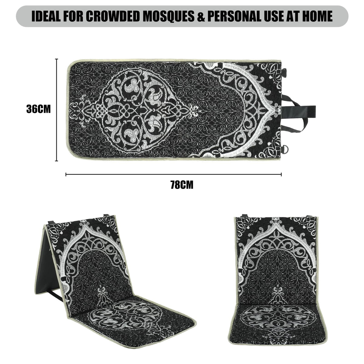 Qianliniuinc Portable Prayer Mat, Foldable Prayer Rug with Backrest, 36x78cm Islamic Prayer Mat, Includes Kufi Hat & 99 Beads Tasbih, Meditation Rug for Muslim, Ramadan Gift Set (Black)