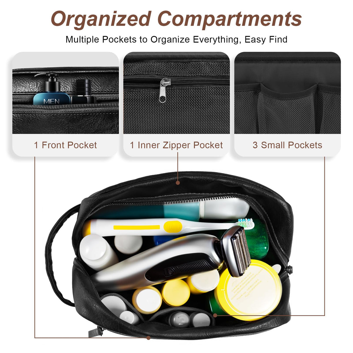 Ezday Travel Toiletry Bag for Men and Women, Travel Shaving Dopp Kit Water-resistant Bathroom Toiletries Organizer PU Leather Cosmetic Bags (Black)