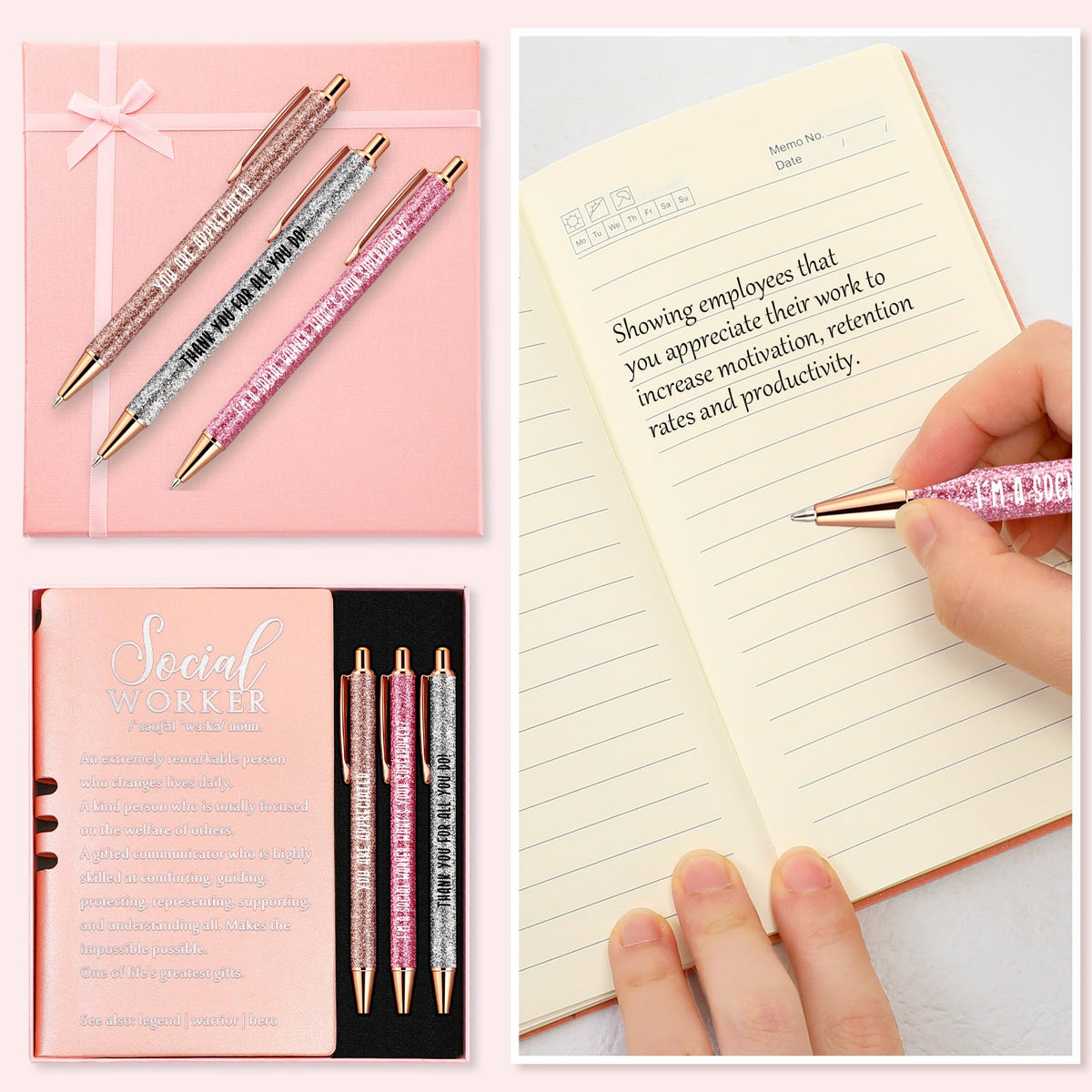 Resurhang 5 Pcs School Social Worker Must Haves Office Supplies Graduation Gift Leather Journal Notebook 3 Ballpoint Pens with Box Thank You Social Work Appreciation Gift for BSW MSW DSW(Pink)
