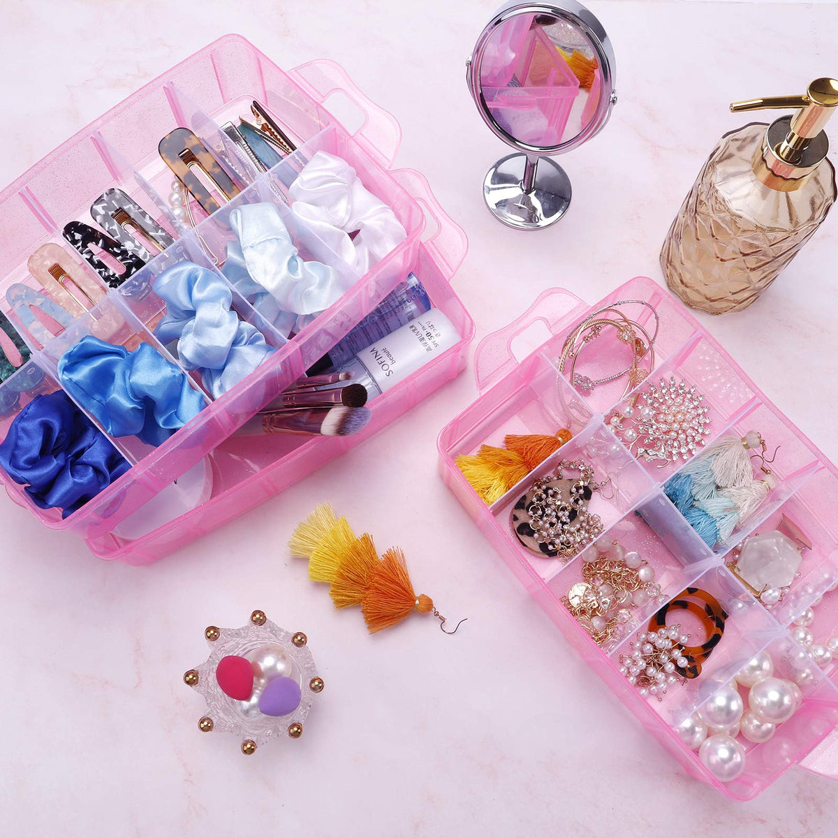 SGHUO Bead Organizers and Storage 3-Tier Pink Craft Container Stackable Box with Dividers for Art Supplies, Washi Tapes, Seed, Hair Accessories, Nail, 9.5X6.5X7.2in