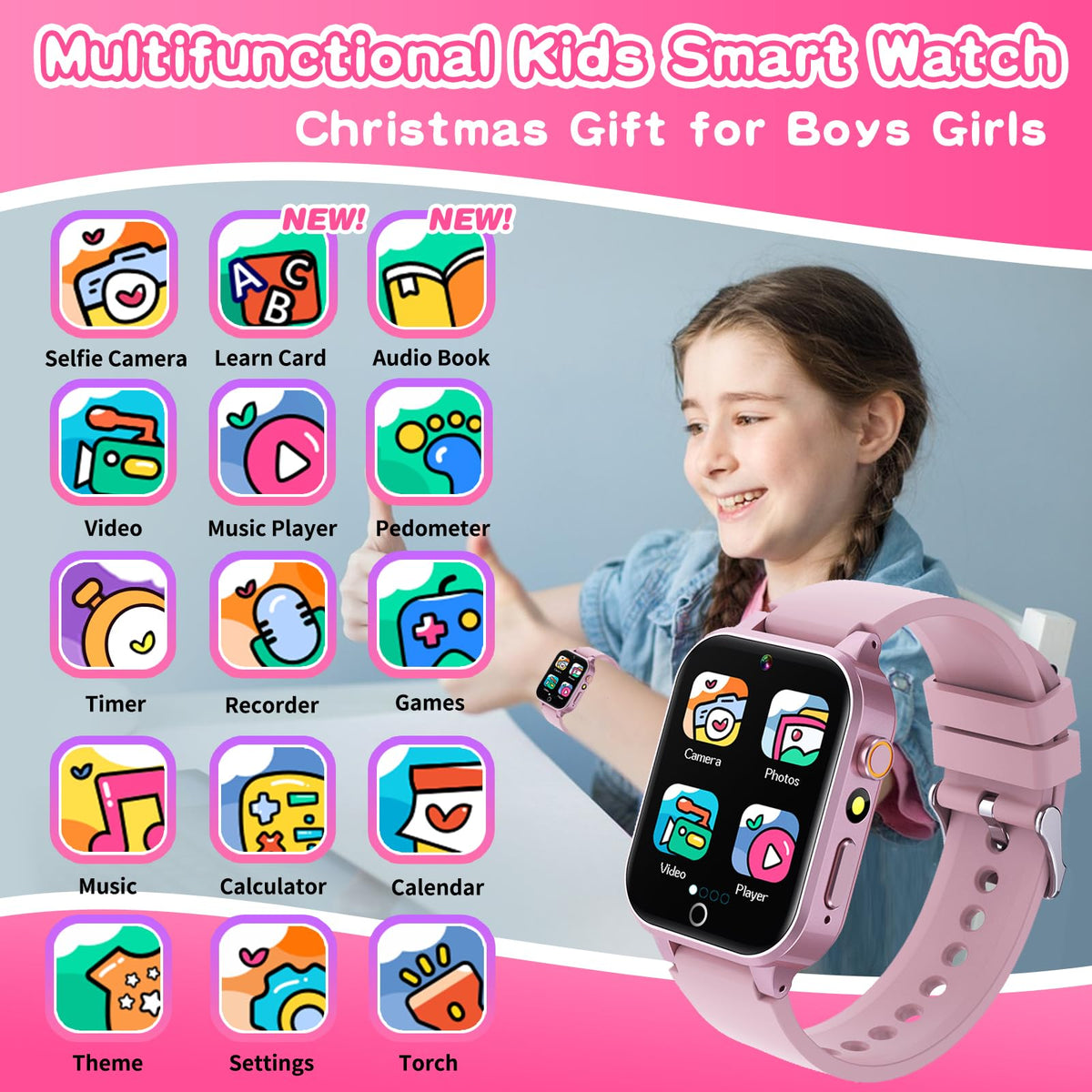 Kids Smart Watch Gift for Girls Age 5-12, 39 Games HD Touch Screen Watches with Video Camera Music Player Pedometer Flashlight 12/24 hr Educational Toys Birthday Gifts for Girls Ages 7 8 9 10