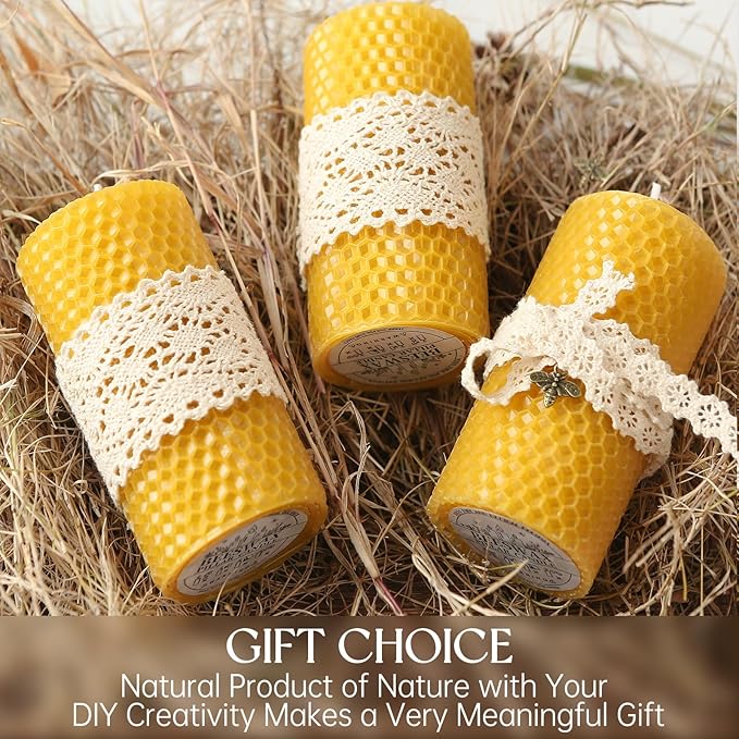 6 Packs Natural Beeswax Candles, Hand Rolled Honeycomb Beeswax Pillar Candles, Pure Bee Wax Gifts for Candle Lovers,Home Decor, Air Purify (2x4 in)
