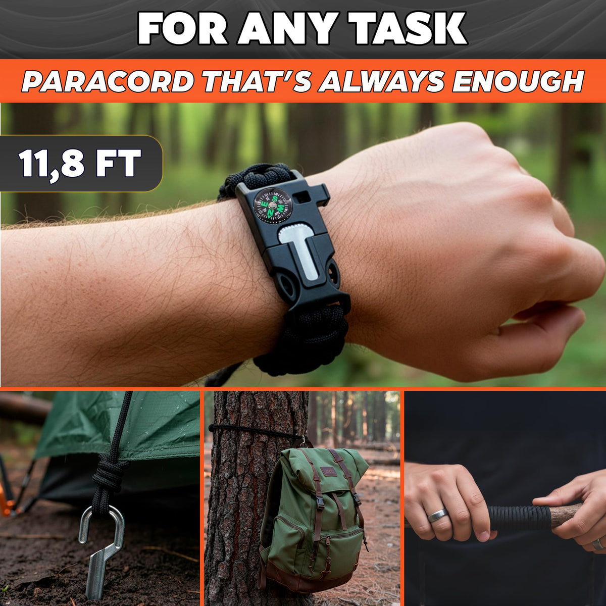 Paracord Bracelets for Men and Women – Adjustable Survival Paracord Bracelet with 11.8 ft Nylon Cord, Flint Fire Starter, Compass, Whistle & Scraper – Camping, Hiking, Fishing Gear (Black & Khaki)