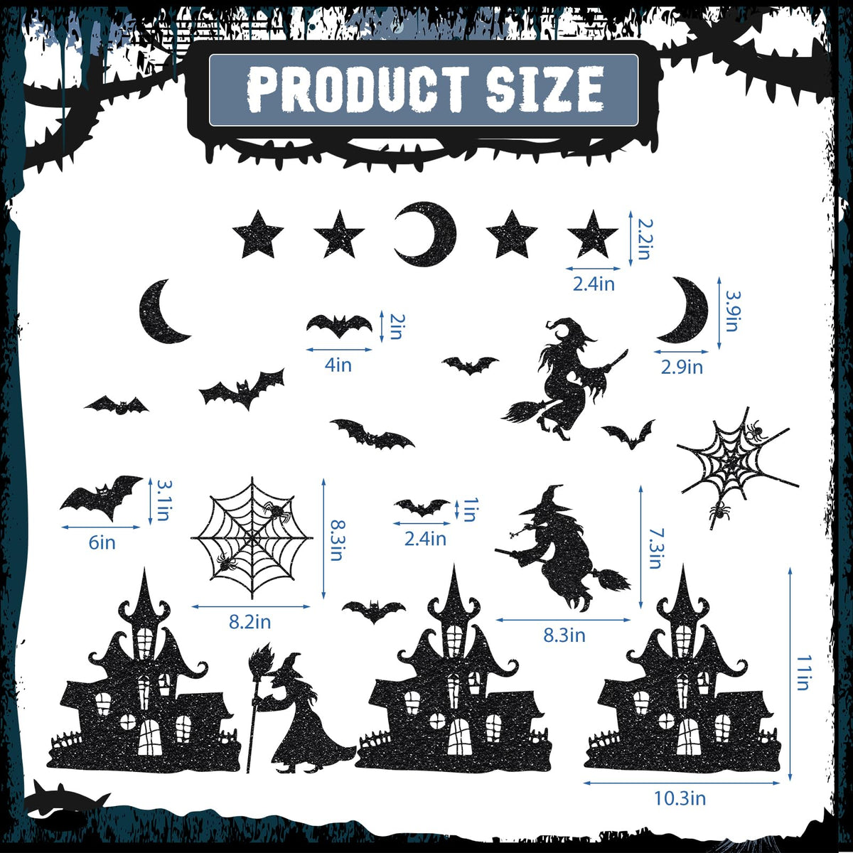 24PCS Glitter Black Halloween Witch Bats Magnetic Stickers Spider Web Castle Refrigerator Decal Outdoor Magnets for Fridge Garage Door Car Decor