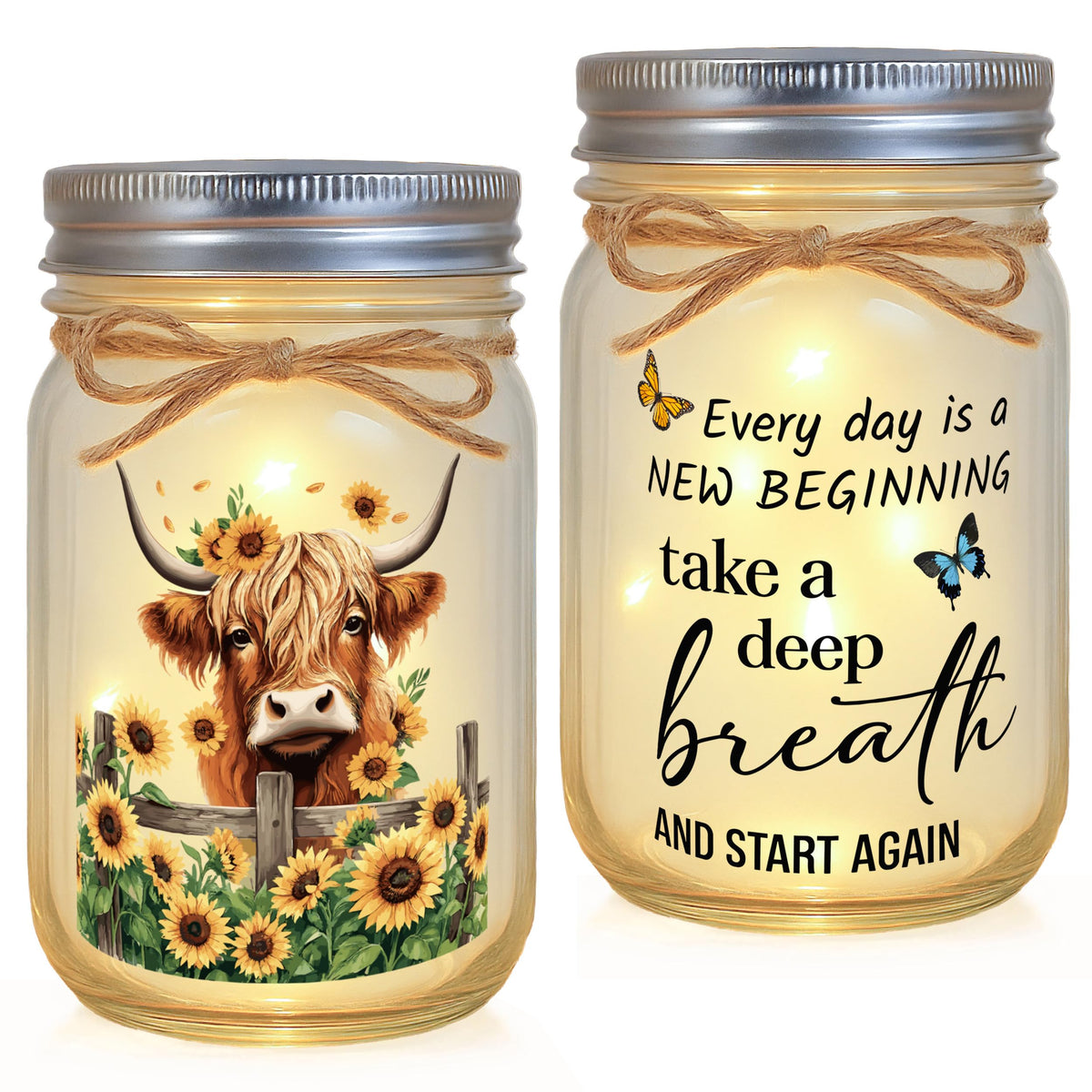 Highland Cow Inspirational Gifts for Women - Double-Sided Decorative Mason Jar Light, New Beginning Self Care Motivational Sunflower Decor Gift for Friends Daughter Sister Coworker