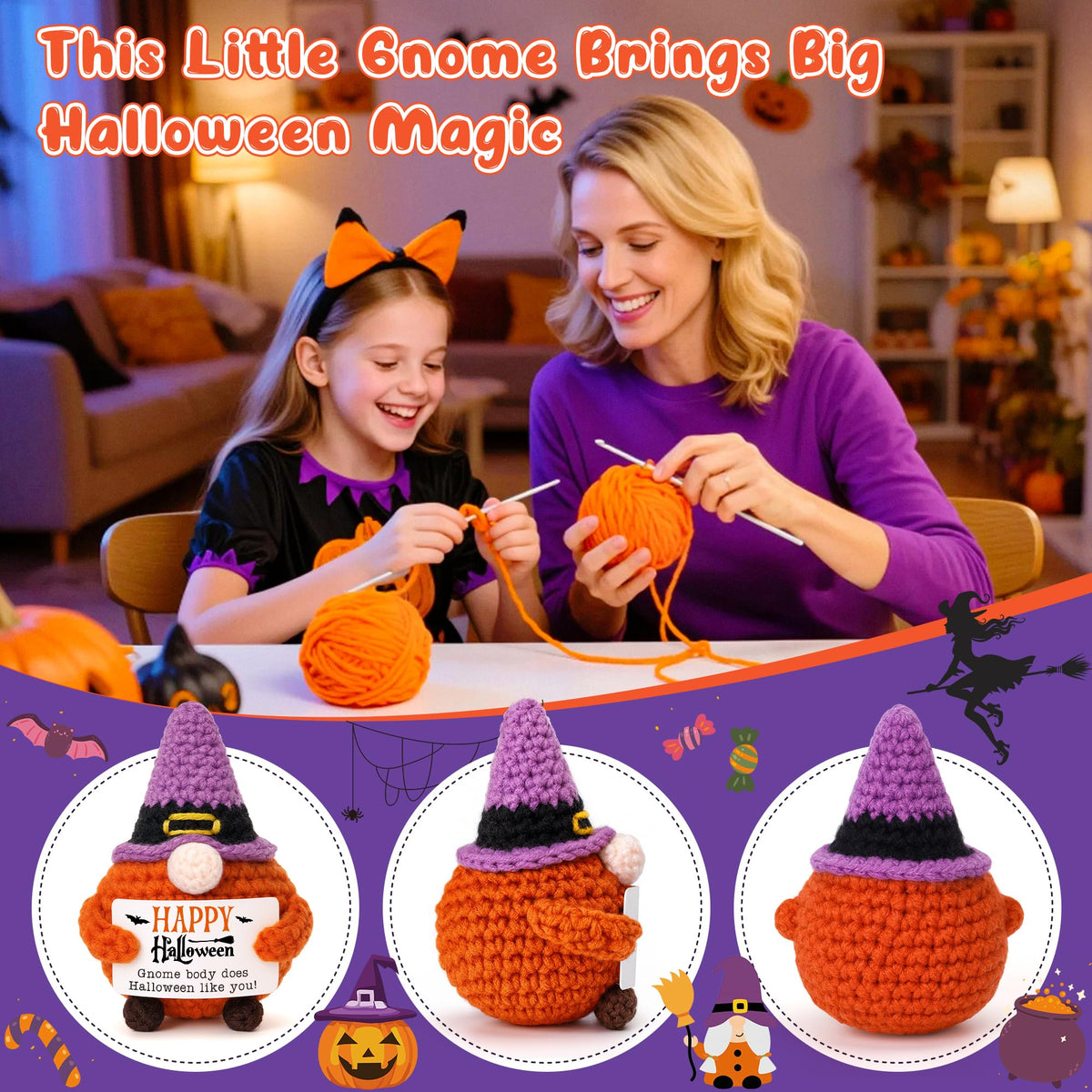 BVXFR Mini Halloween Gnome Witch Hat Boo Basket Stuffers Gifts for Women Men Spooky Halloween Decorations Indoor Gifts for Teen Girl Boy Kid Friend, Handmade Crochet Gnome Pumpkin Decor