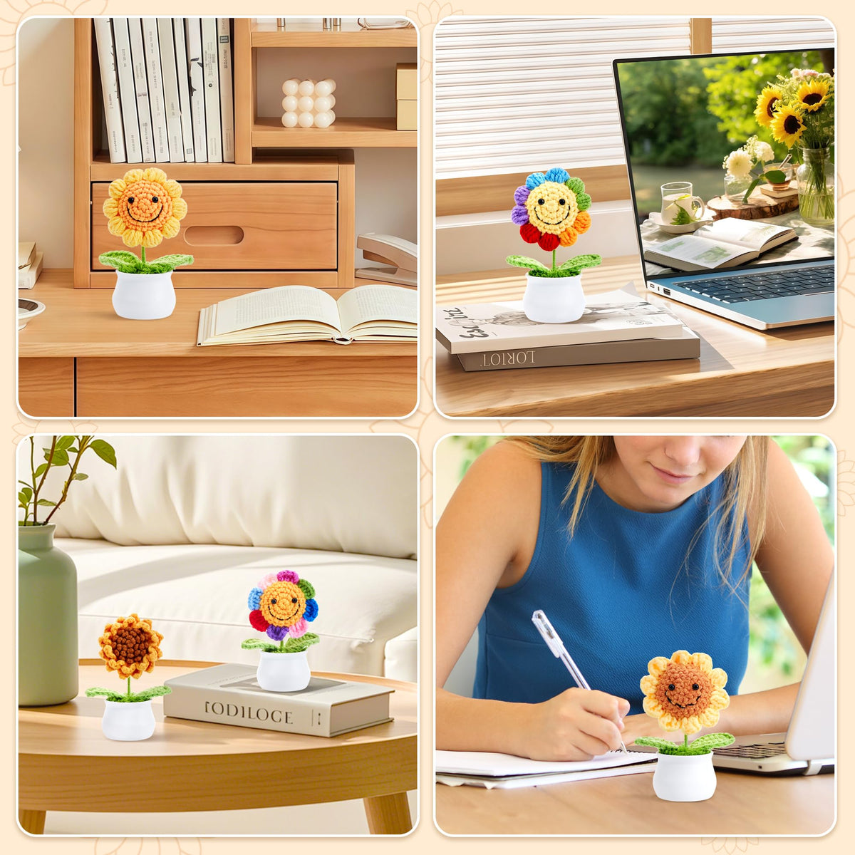 LAIDANLA Golden Yellow Crochet Sunflower Funny Positive Thank You Small Gifts for Women Teacher Coworkers Friends Cute Encouragement Appreciation Crochet Flowers Pot for Office Desk Decor