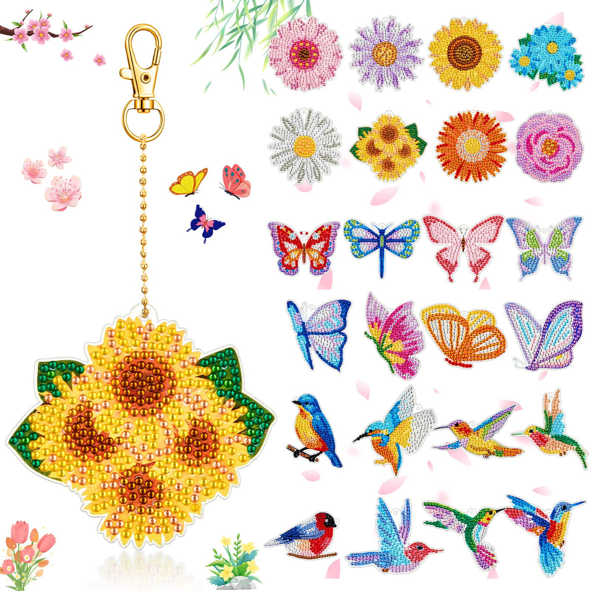 Junkin 24 Pcs Diamond Art Keychains 5D Double Side Diamond Painting Keychains Kit Hanging Full Drill Diamonds Pendants for Beginner Adult DIY Crafts Home Party Decor