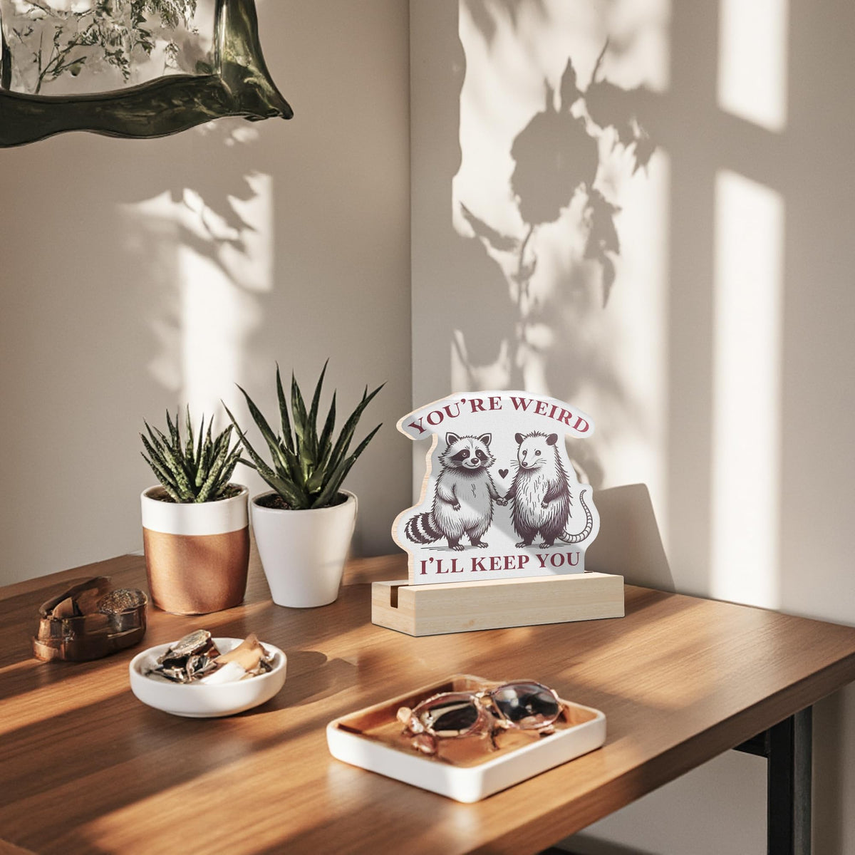 DEQSX You Are Weird I’ll Keep You Humorous Sarcastic Wooden Sign Decor, Cute Funny Raccoon Opossum Meme Shaped Wooden Sign Plaque with Stand for Home Office Desk Table Shelf Decor, Funny Office Gifts