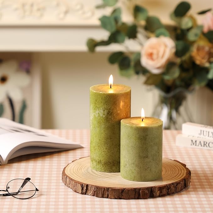 3x4 inch Green Pillar Candles Set of 3, Unscented Pillar Candle, Dripless and Smokeless Large Candles, Candle for Home Decor, Dinner Table,Weddings, Holidays