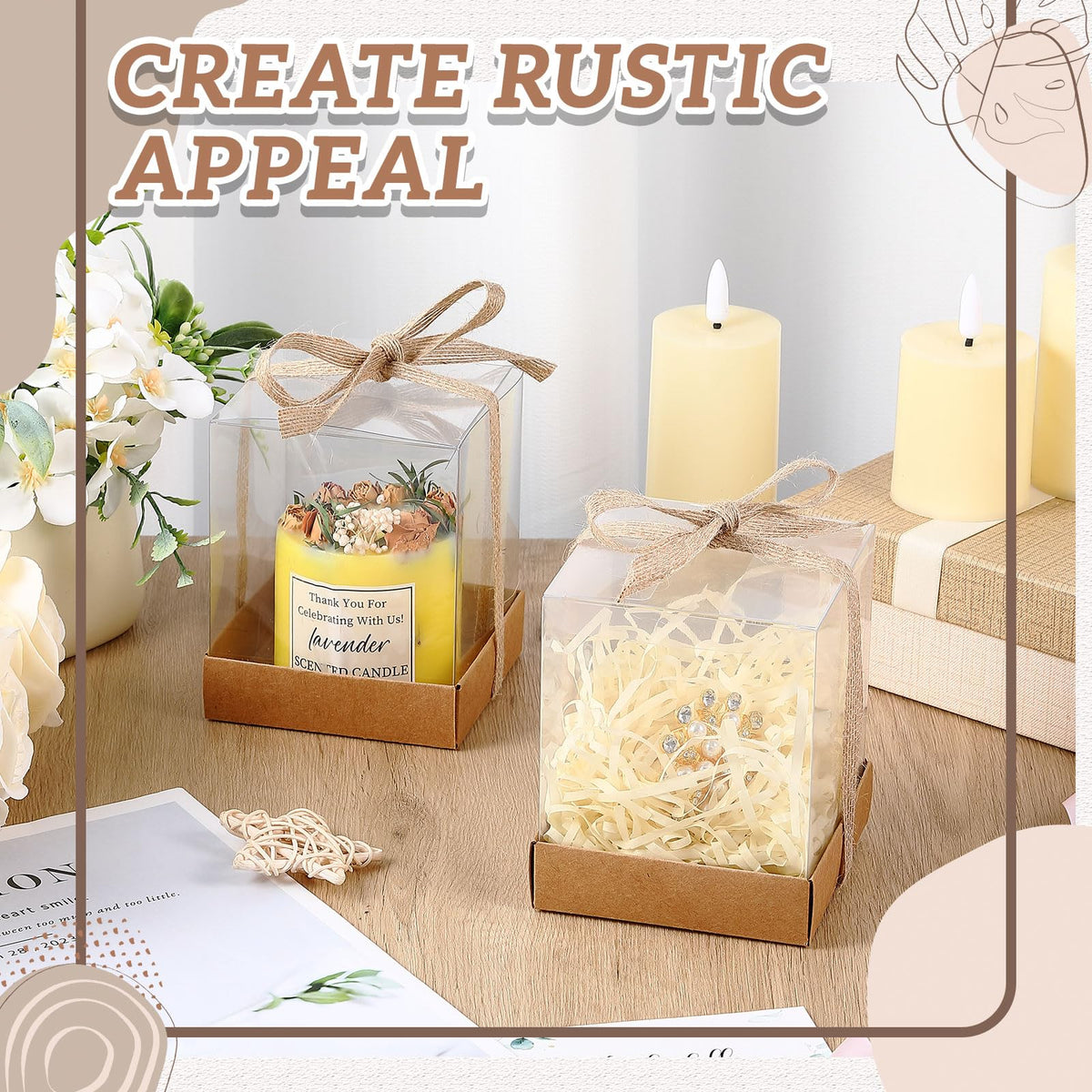Cunno 24 Sets 3.5 x 3.5 x 4.3 in Candle Gift Package Valentine's Transparent Box 4-18 oz Handmade Tealight Candle Holder Paper Bottom Ribbon for Wedding Baby Shower Party Mug (Brown)