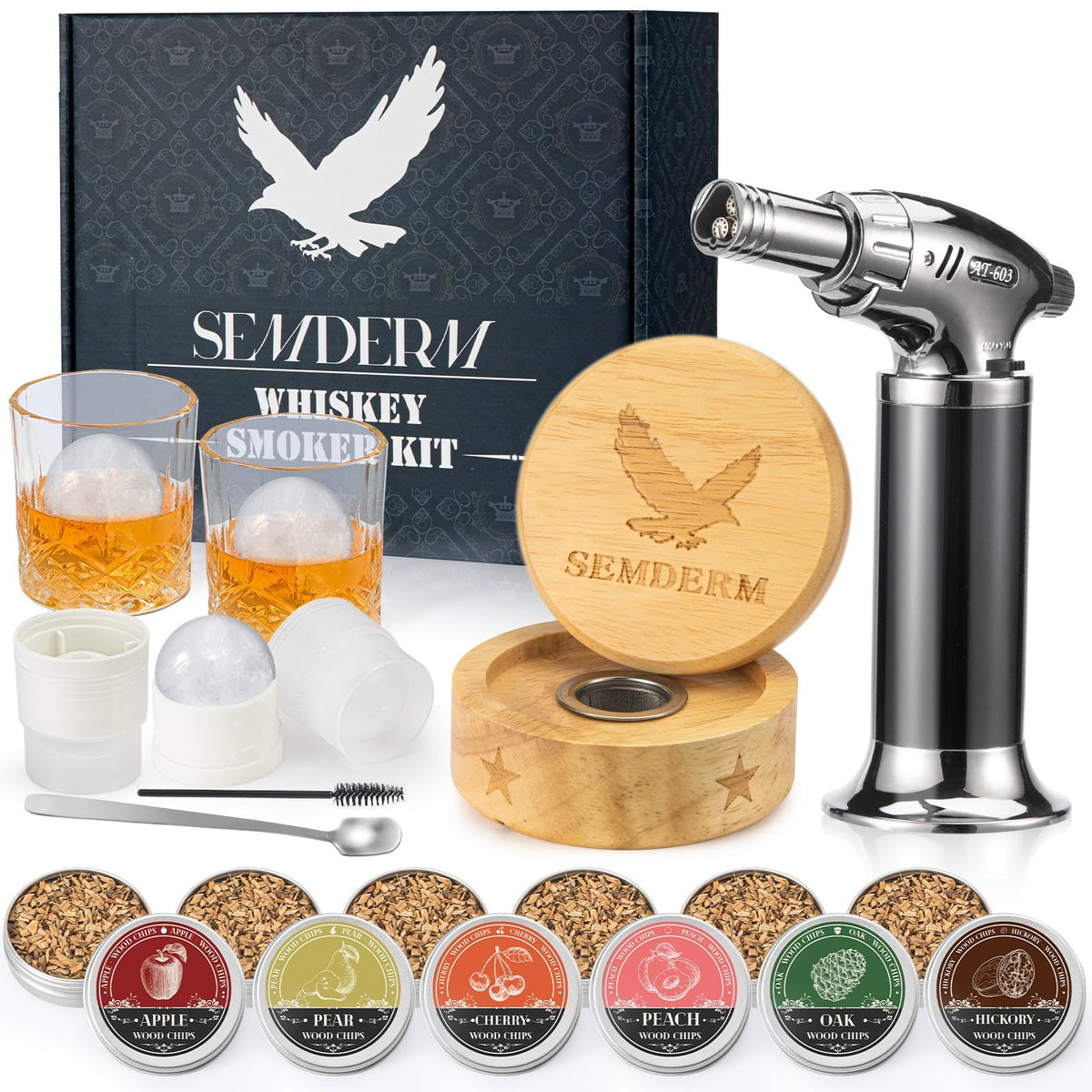 Bourbon Whiskey Smoker Kit with Torch - Old Fashioned Cocktail Smoker Kit with 2 Whiskey Glasses, 6 Wood Chips - Valentines Anniversary Birthday Gifts for Men Dad Husband Boyfriend (No Butane)