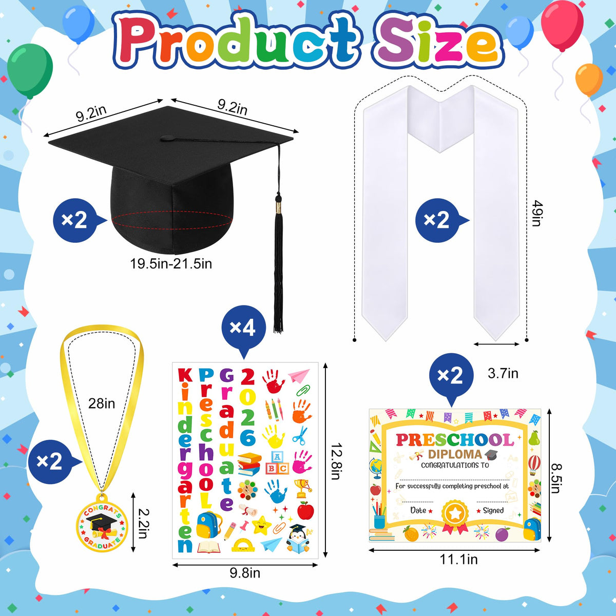 Wehhbtye 12 Pcs Preschool Kindergarten Graduation Cap Stole Iron on Letter Set, Preschool Graduation Cap Stole Decoration Includes Iron on Letters Certificate Medal for Kids Students DIY Craft