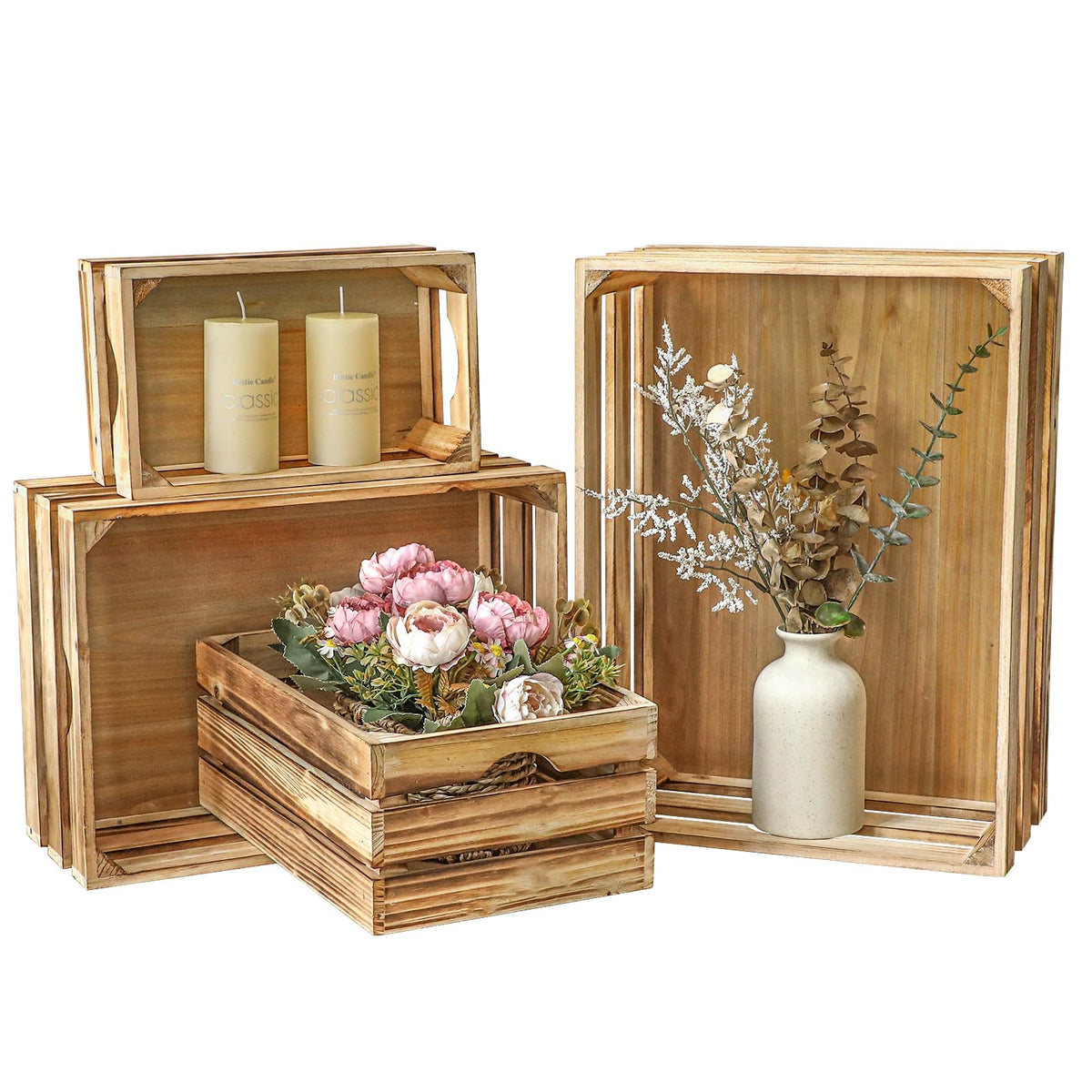 JUMBO HUMBLE Large Torched Wood Storage Crates Decorative, Set of 4 Nesting Wooden Crates for Display Rustic, Farmhouse Wooden Storage Container Boxes Made from 100% Wood