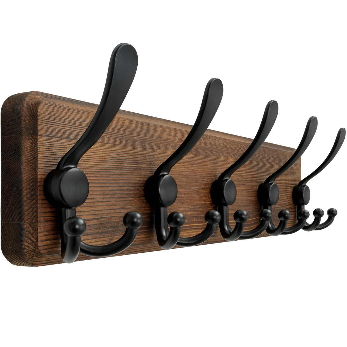 Dseap Coat Rack Wall Mounted - 5 Tri Hooks, Heavy Duty, Wooden Wall Coat Hanger Coat Hook for Clothes Hat Jacket Clothing, Natural & Black