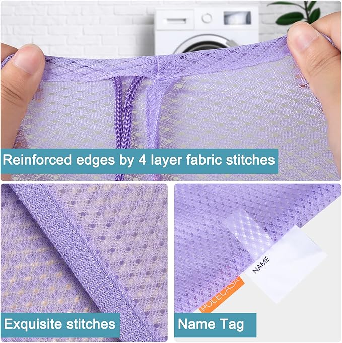 Polecasa Heavy Duty Diamond Large Mesh Laundry Bag with ID Tag and Locking Drawstring Closure - 24 x 36 inches - Laundry Hamper Liner, Washable Laundry Bags for Travel, Sports, Dorms (Purple)
