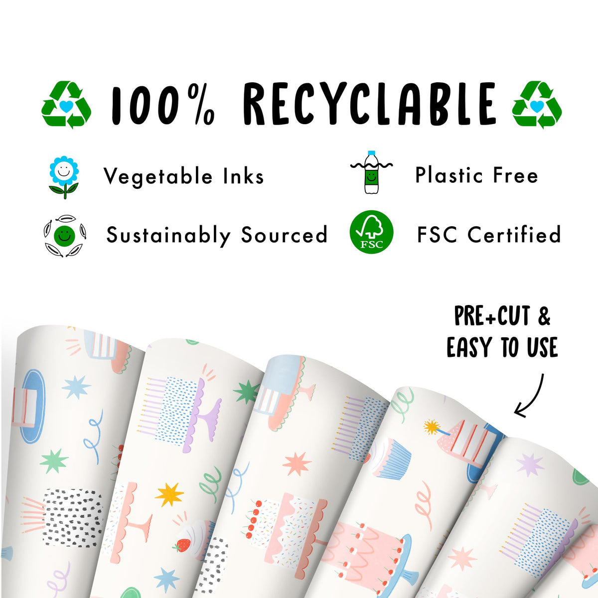 CENTRAL 23 Birthday Wrapping Paper For Women - 6 Sheets Of Girly Gift Wrap For Her - Birthday Cakes Confetti - For Mom Wife Sister Niece Cousin - Recyclable