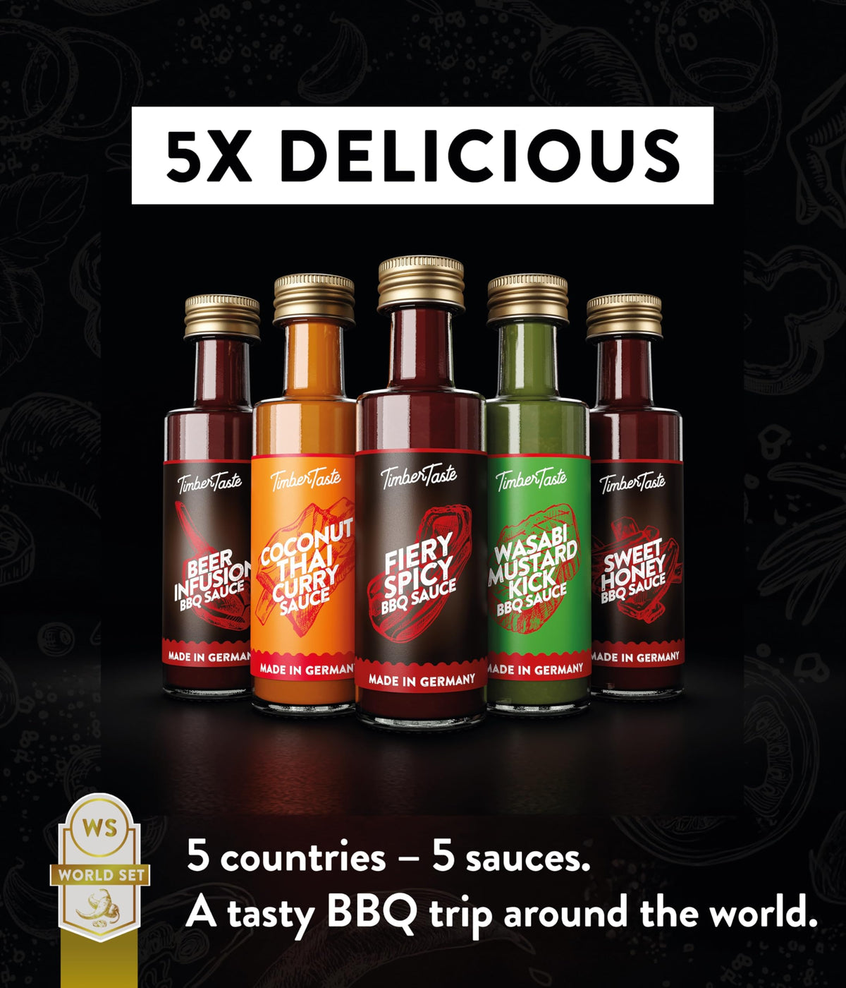 TIMBER TASTE® Exotic BBQ Sauce Gift Set for Men [5x40 ml] - BBQ Sauce Variety Pack with Barbeque Sauce Sampler Blends | Food Gift Sets | Hot Sauce Gift Sets Style Grill Picks for Dad Birthday