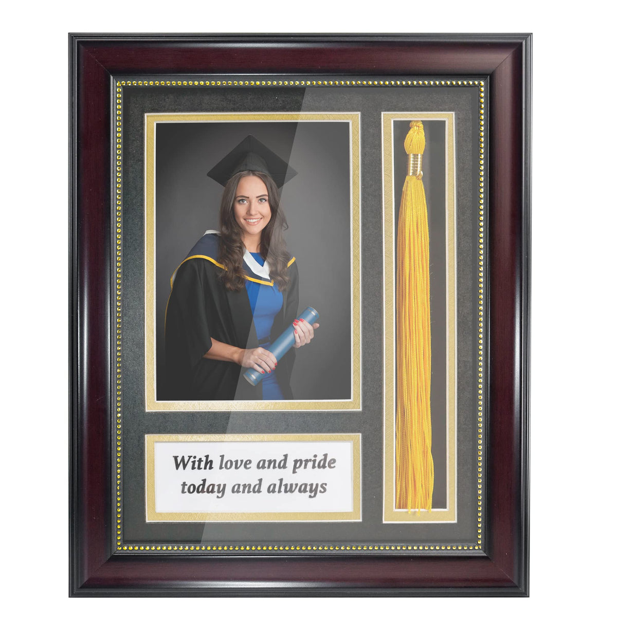 GraduationMall Graduation Photo Shadow Box Frame with Tassel Holder for 5x7 Pictures,Real Glass,Black over Gold Double Mat,Wall & Tabletop Design
