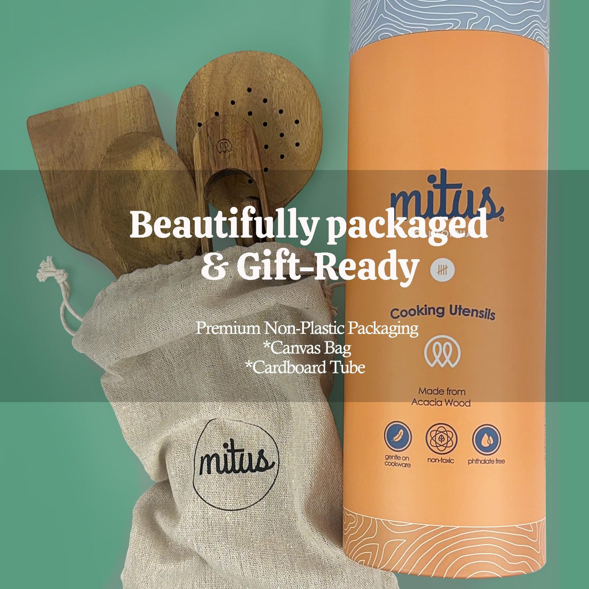 Mitus Non-Toxic Wooden Cooking Utensils - 5 Pcs Natural Acacia Hardwood Set for Nonstick Pans & Cookware - Kitchen Gift Set (Wooden Spoons, Skimmer, Tongs, Spatula)