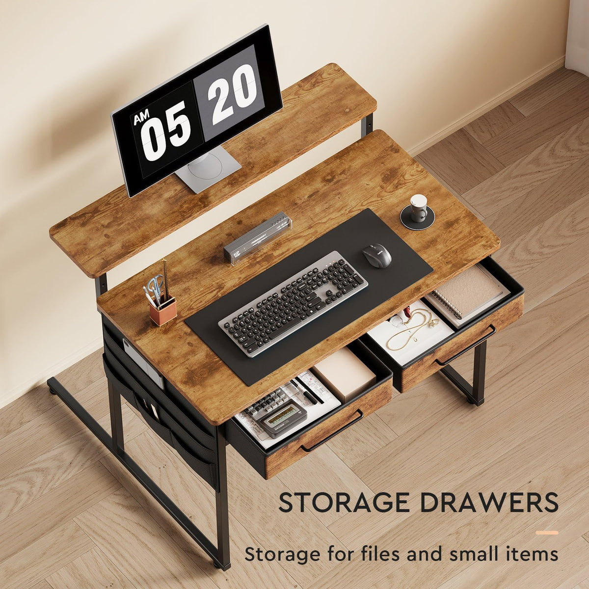 Maihail Small Desk with Drawers, 31.5X15.8-22.9 Inches Office Computer Desk with Side Pocket & Ergonomic Monitor Stand, Writing Table for Small Spaces, Bedroom, Kids Desk, Vanity Desk, Rustic Brown