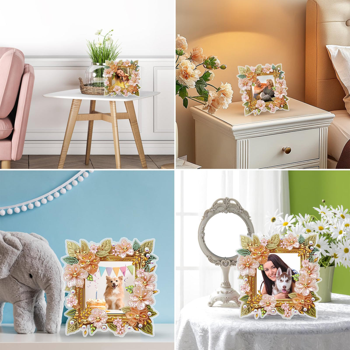 MXJSUA Pink Floral Special Shape Diamond Painting Picture Frame Kits for Table Home Decor, Acrylic Tabletop Display Photo Diamond Art Painting Frame Suitable for Photos within 7 Inches