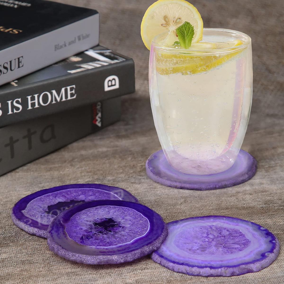 FOLKOR LIFE Purple Agate Coasters Set of 4, Natural Stone Drink Coasters with Unique Patterns, Decorative Table Coasters for Coffee Table, Bar or Desk, Housewarming Gift for Women, Friends or New Home