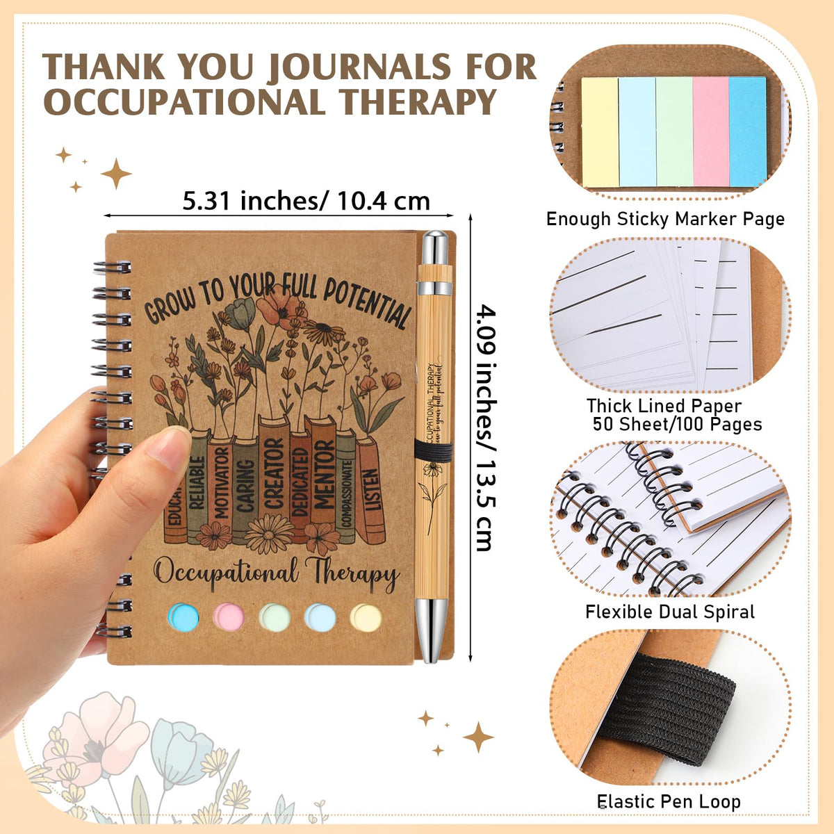 Jetec 20 Set Occupational Therapy Appreciation Gifts Bulk OT Month A6 Spiral Journal Notebooks with Sticky Notes Bamboo Pens for Occupational Therapist Must Haves Supplies