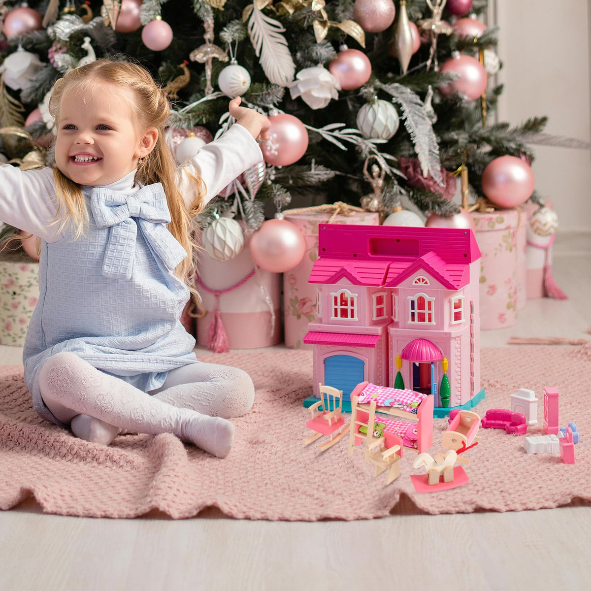 JOINPAYA Wooden Dollhouse Bedroom Furniture: Doll Bunk Bed Rocking Horse Chair, DIY 1:12 Scale Miniature Doll House Decoration Accessories for Ages 3+ Role-Playing