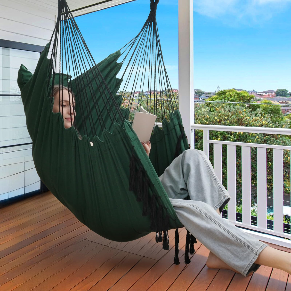 Y- STOP Hammock Chair Hanging Rope Swing, Max 500 Lbs, 2 Cushions Included, Large Macrame Hanging Chair with Pocket for Superior Comfort, with Hardware Kit, Green