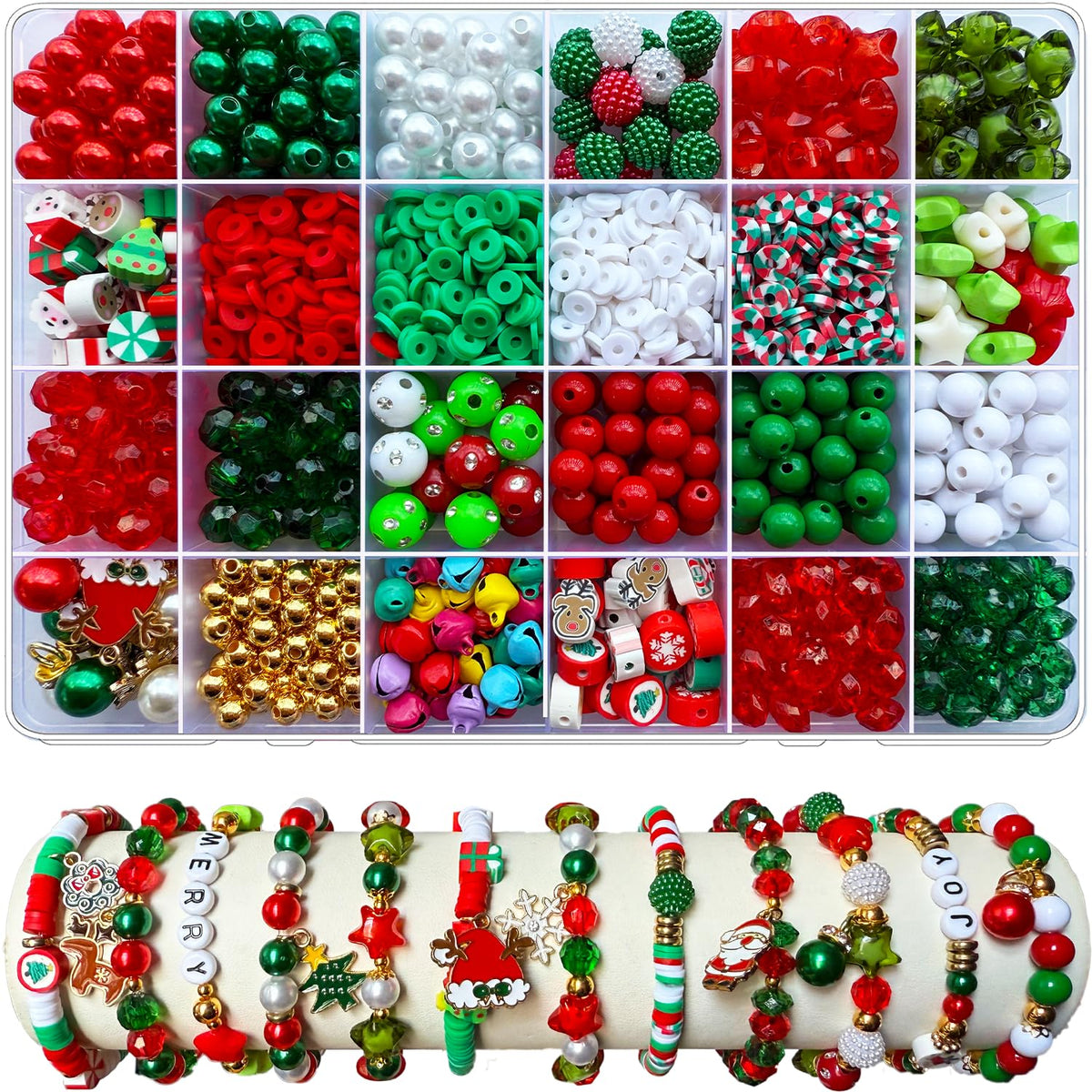 1540PCS Christmas Beads for Bracelets Jewelry Making Kit, Christmas Tree Snowflake Charms, Red Green Xmas Clay Beads Assorted Acrylic Crystal Round Pearl Star Spacer Bead for DIY Crafts Necklace