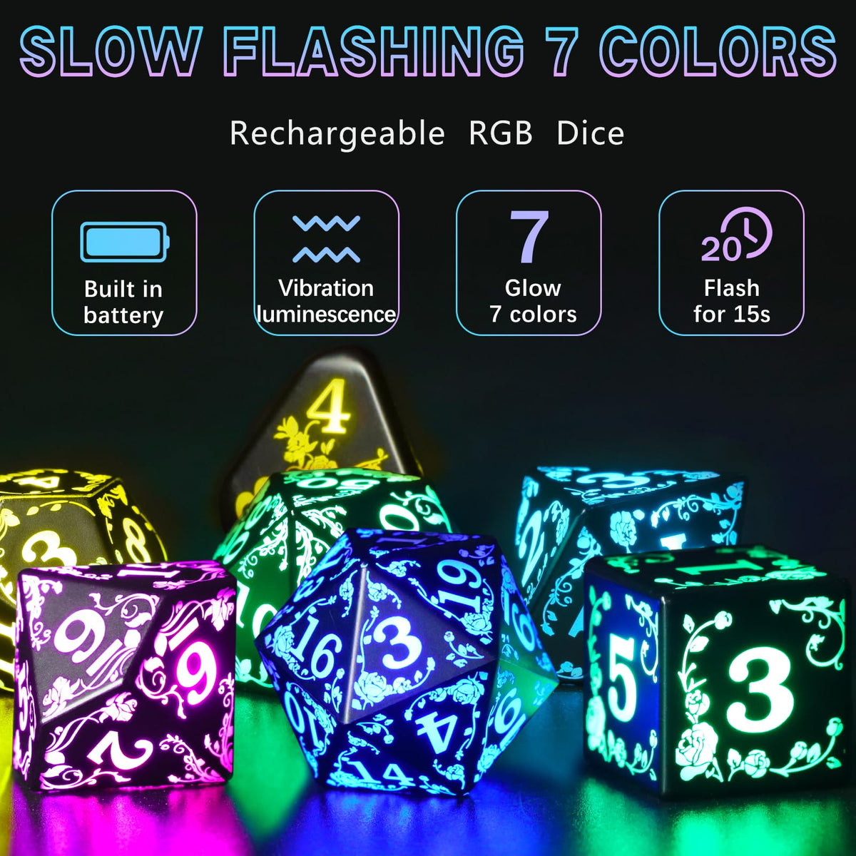 FONVGOGO Light up LED Dice Set D and D Rechargeable for Dungeons and Dragons RGB DND Dice with Charging Box 7-Color Polyhedral Role Playing Dice for DND Gifts RPG Tabletop Games (Rose RGB)