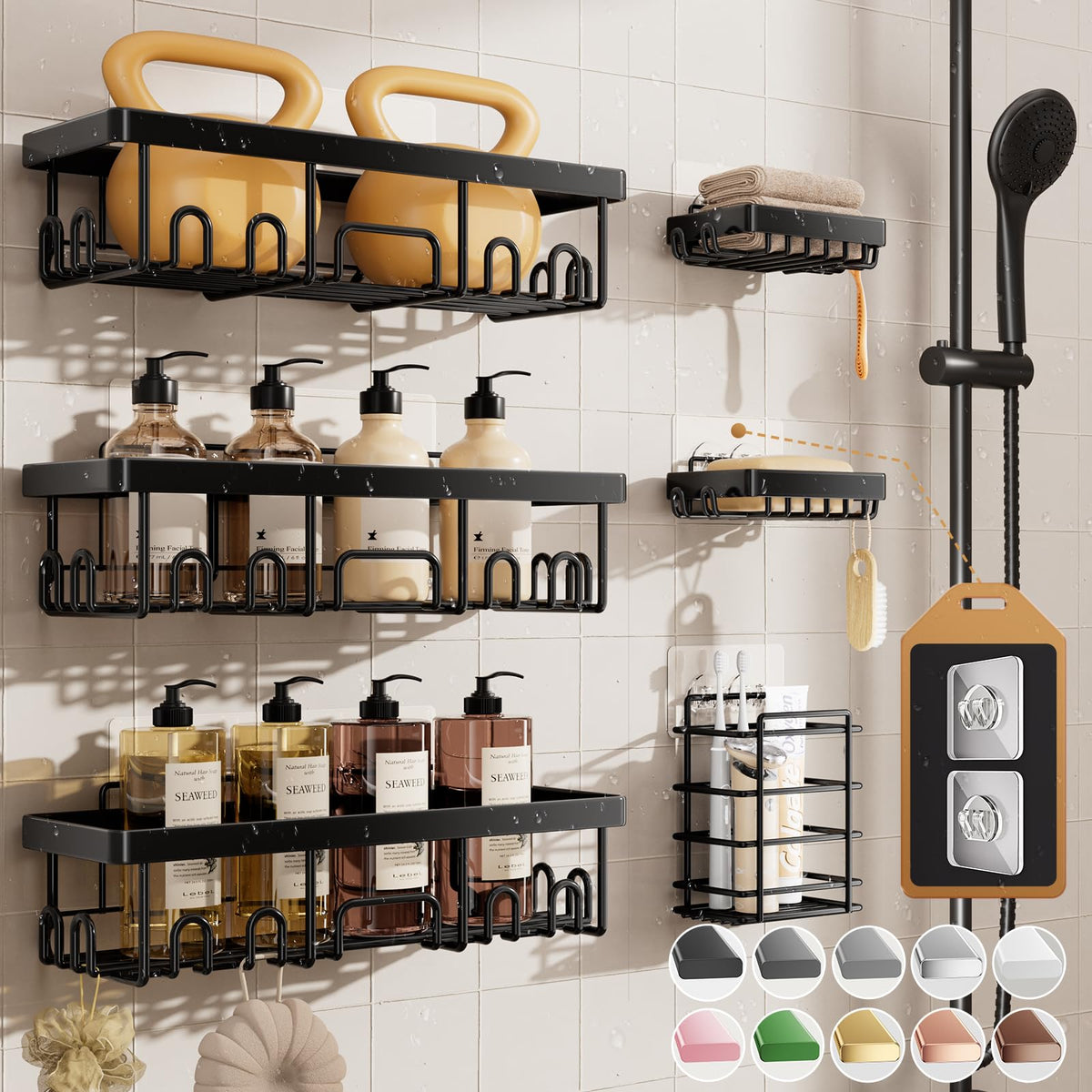 Veken Shower Caddy 6-Pack, Advanced Rustproof Design, No Drilling Adhesive Shelves, Rack with Soap Holder, Large Capacity Bathroom Organizers and Storage, Wall-Mounted Kitchen & Home Decor