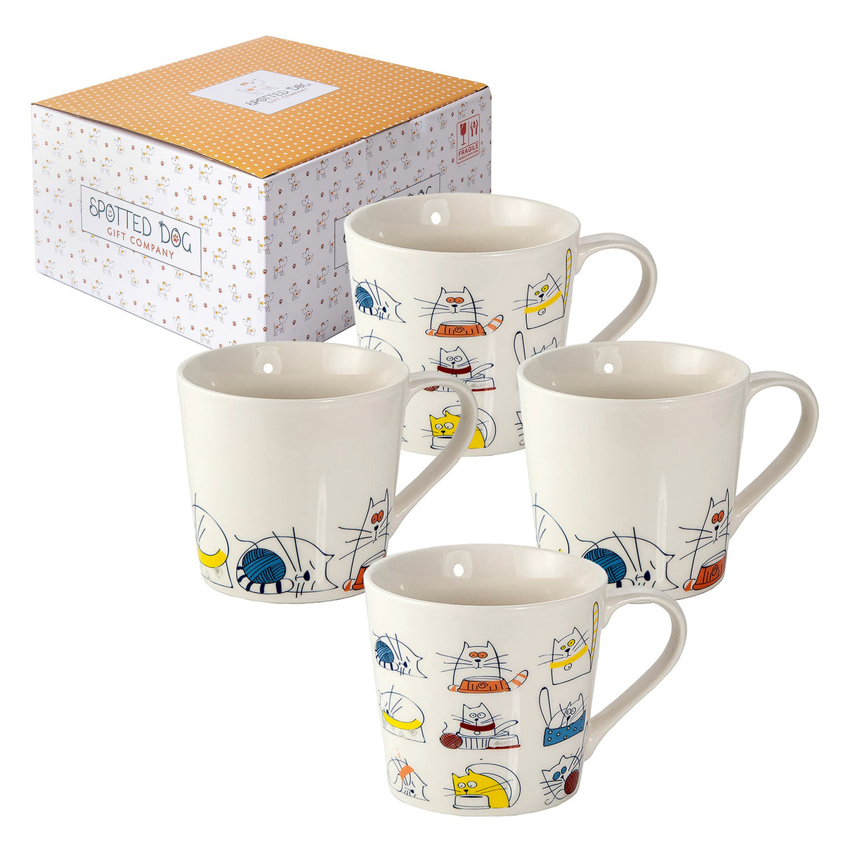 SPOTTED DOG GIFT COMPANY Cat Mugs, 13 oz Coffee Mug Set of 4, Funny Cartoon Cats Themed Ceramic Tea Cups, Microwave & Dishwasher Safe, Cute Cat Gifts for Women and Animal Lovers