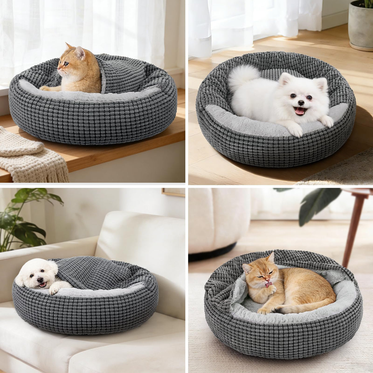 SIWA MARY Small Dog Bed with Attached Blanket, Cozy Donut Cuddler Anti-Anxiety Hooded Pet Beds Calming Cave Bed. Orthopedic Round Puppy Beds for Dogs or Cats Washable, Anti-Slip Bottom, 23inch