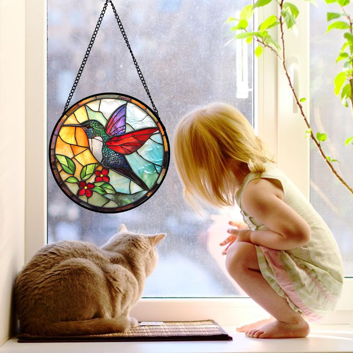 DASTOLL Stained Glass Window Hanging, Hummingbird Gifts Sun Catchers Diamond Glass Panel Hangings Birds Suncatcher Decor for Birthday for Women, Men, Wife, Aunt, and Mom 9.8X9.8IN