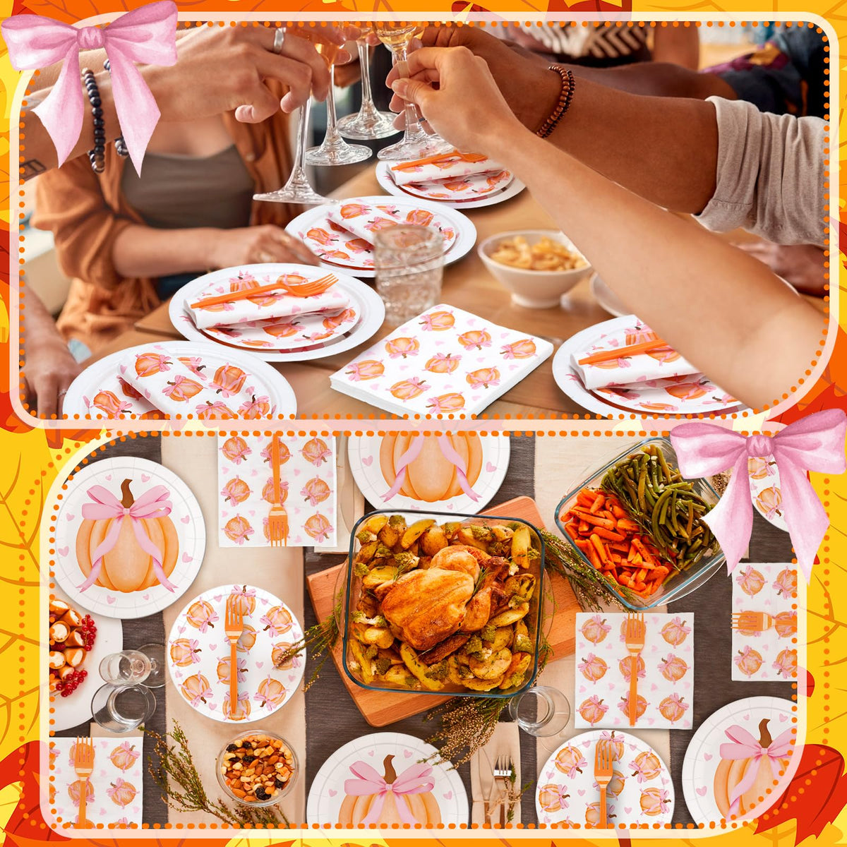 Havawish 96 Pcs Thanksgiving Party Decoration Friendsgiving Pink Bow Pumpkin Paper Plates Pink Baby Shower Party Supply for 24 Guest Coquette Birthday Wedding Tableware A Little Pumpkin Is on the Way