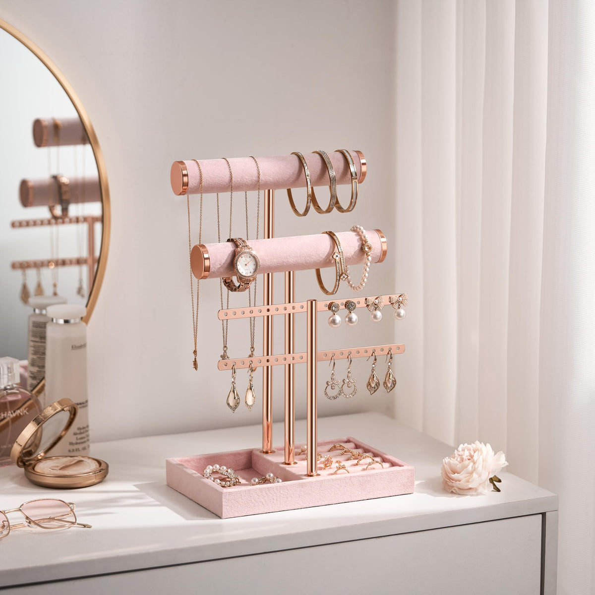 bussdis 3 Tier Bracelet Holder Display - Detachable T Bar Pink Velvet Bracelet Holder, Jewelry Holder Organizer for Bracelet, Necklace, Earrings, Rings