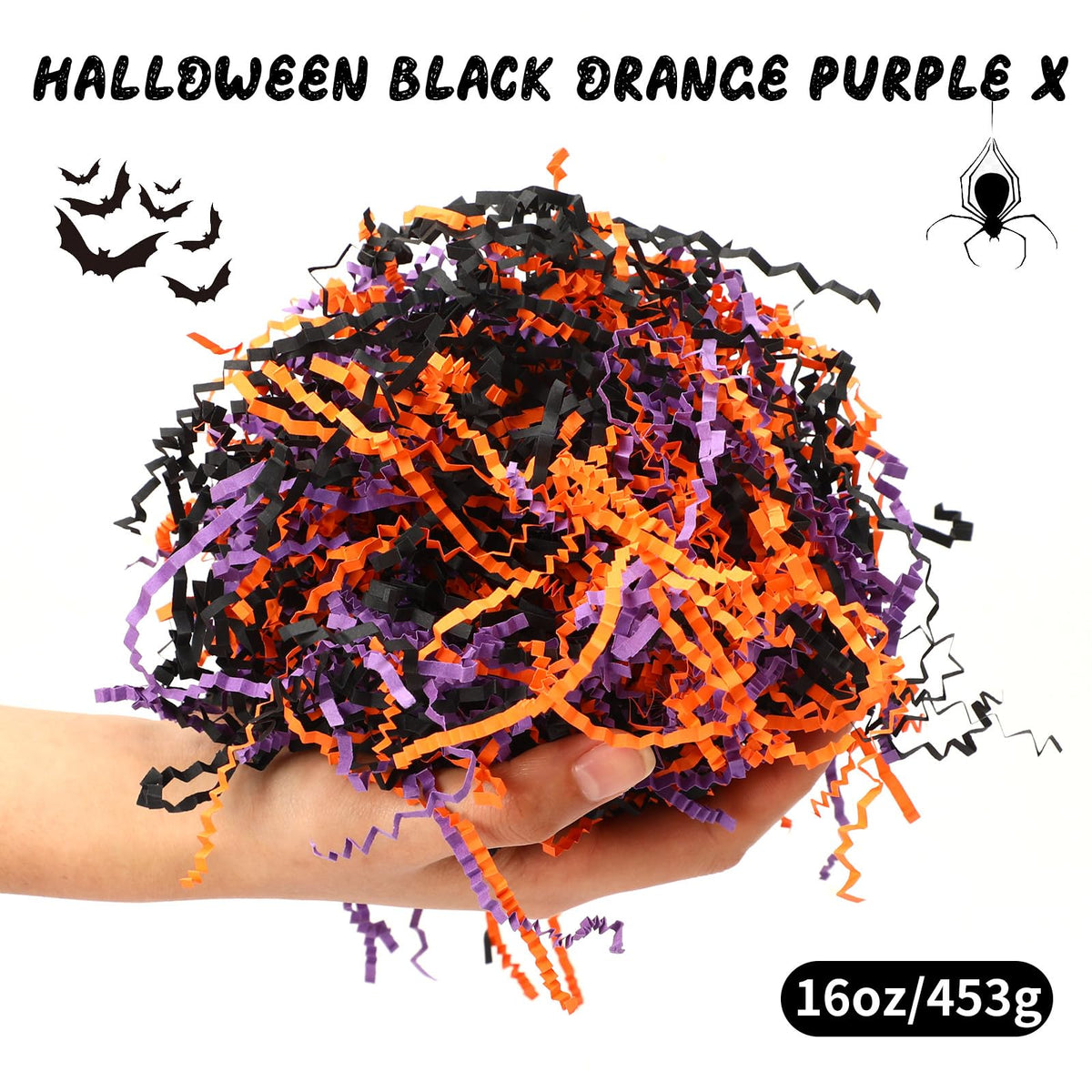 Jansun Halloween Black Orange Purple Crinkle Cut Paper and Confetti, 453g/16oz Shred Filler with Pumpkin Spider Bat Confetti for Gift Wrapping Craft DIY Basket Filling Trick or Treat Candy Decorations