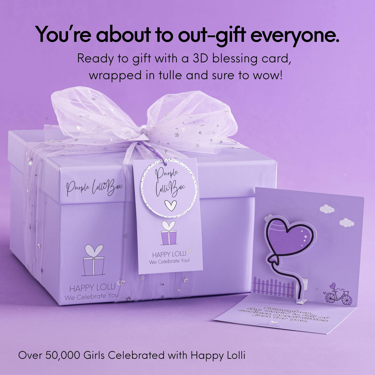 HAPPY LOLLI Purple LolliBox Gift Set for Tween & Teen Girls Ages 8–15, Birthday Gift Box, Ready-to-Gift Surprise Box with 8 Individually Wrapped Gifts & Empowering Challenges