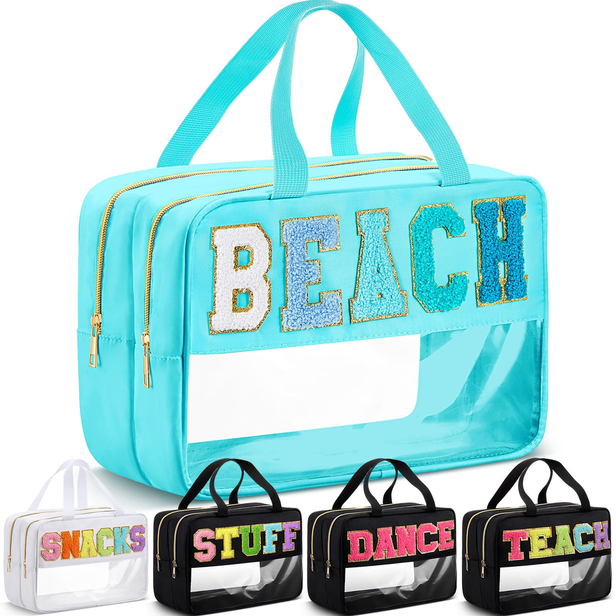 Pinkunn Large Clear Chenille Letter Bag Double Layer Makeup Patches Cosmetic Bag Zipper Pouch for Travel Waterproof Nylon Toiletry Makeup Supplies for Women Girls(Teal,Beach)
