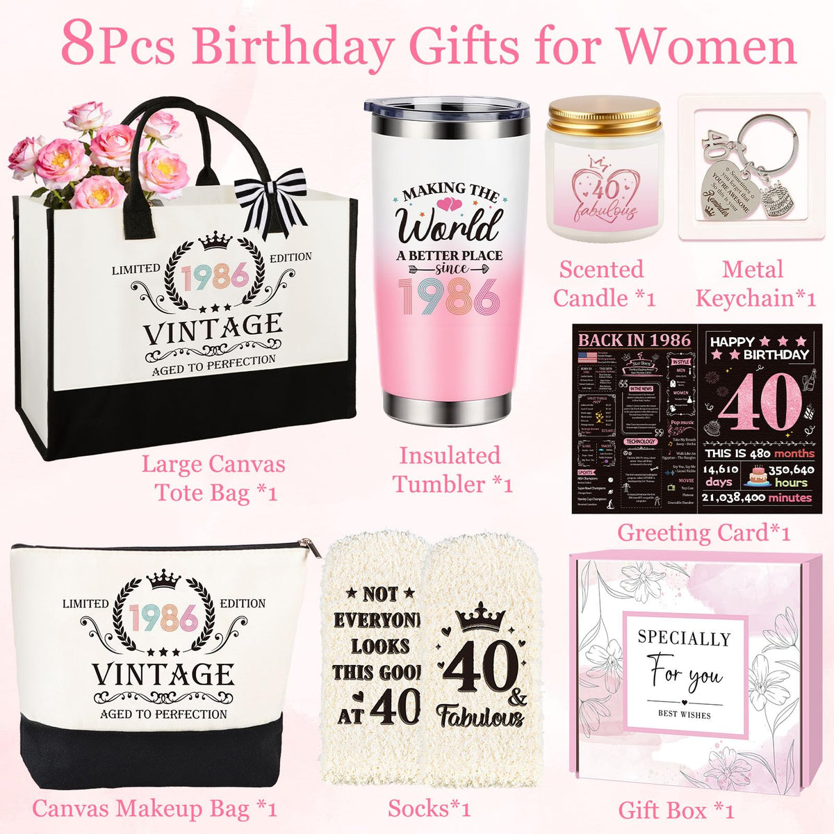 40th Birthday Gifts Women, Vintage 1986 Happy 40th Birthday Gifts Basket for Women Unique Gift Ideas for 40 Year Old Woman, Mom, Wife, Girlfriend, Sister, Friend, Funny Bthday Gift Turning 40 Year Old